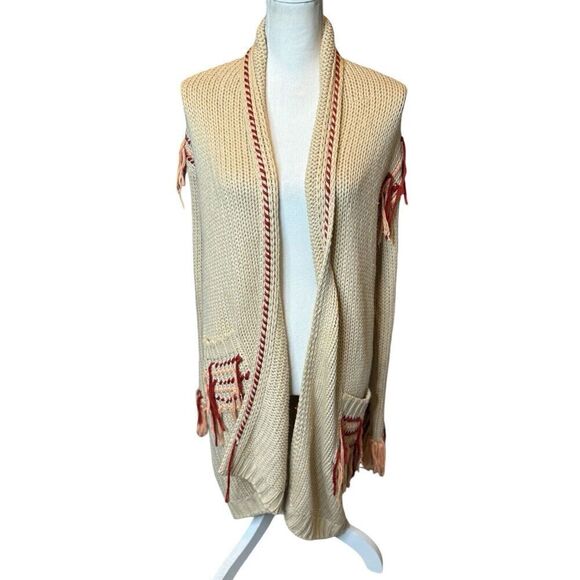 For Love And Lemons Knit Cardigan Open Boho Fringe Retro Long Embroidered M - Picture 2 of 9